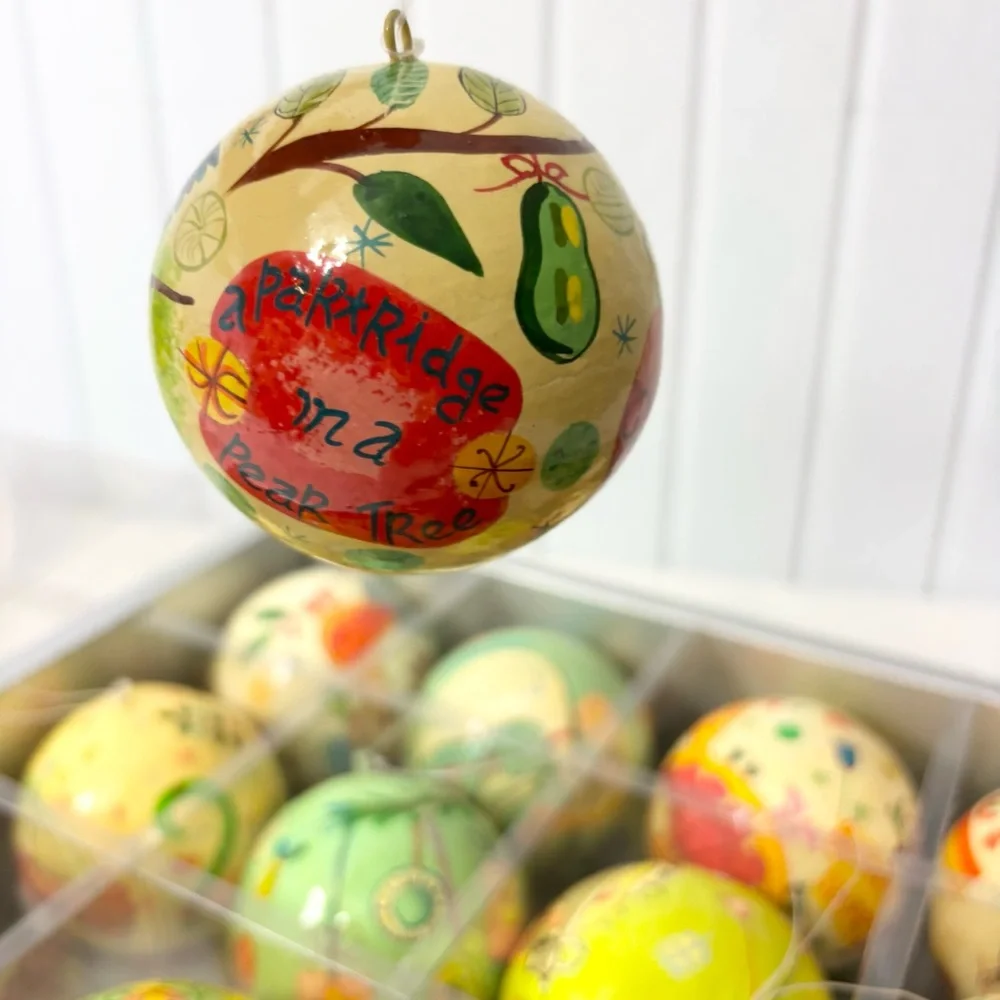 Crate&Barrel Twelve Days of Christmas Ornament Set PAPER MACHE‎ ORNAMENTS